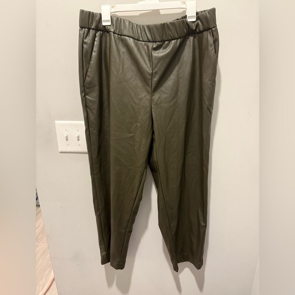 Olive Green Elastic Waist Faux Leather Pant